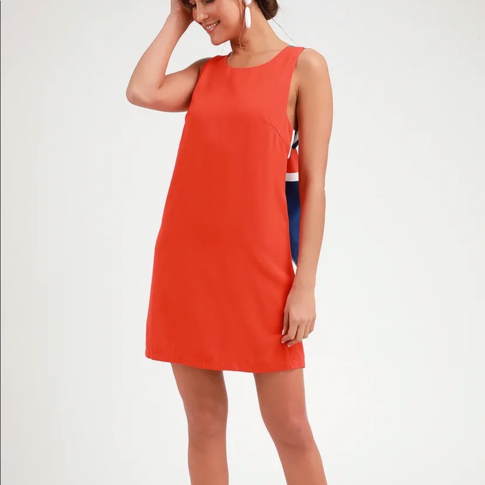 Joyful Red Orange Multi Stripe Tie-Back Mini Dress
Lulus
Size Medium